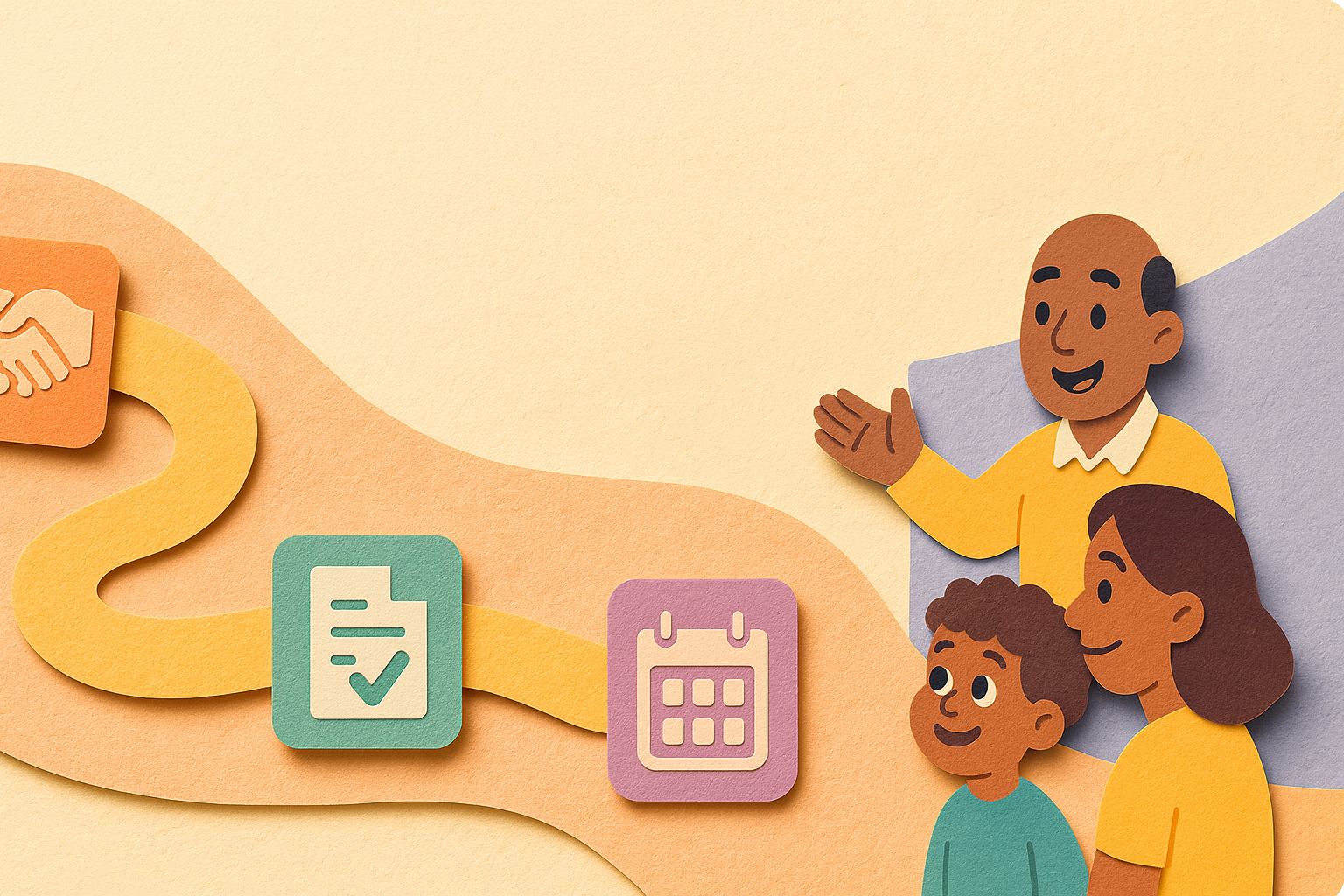path with waypoints—handshake, document with tick, approved invoice, calendar—coordinator guiding a family through NDIS plan management setup.