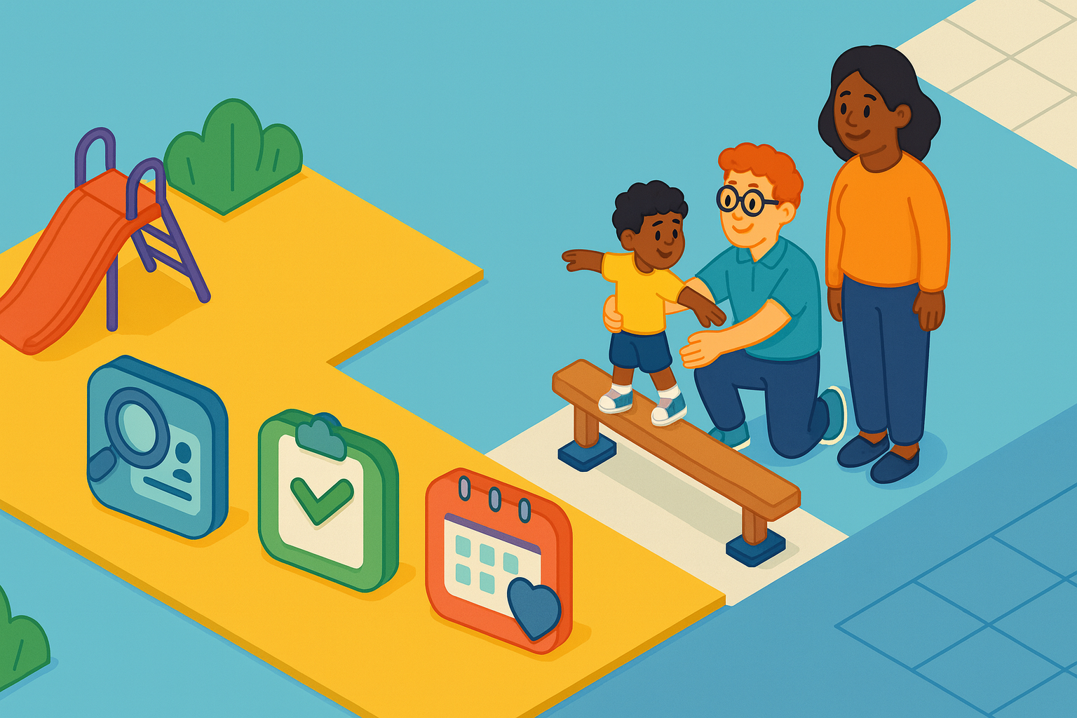 : Isometric playground-to-gym path with badges for eligibility, plan, funding, and booking; EP helps a child balance—NDIS exercise physiology process.