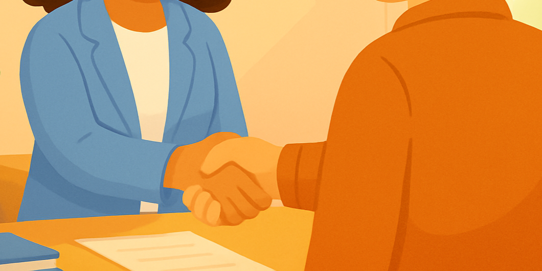 A woman saking hands with a man symbolising NDIS plan management collaboration and support.