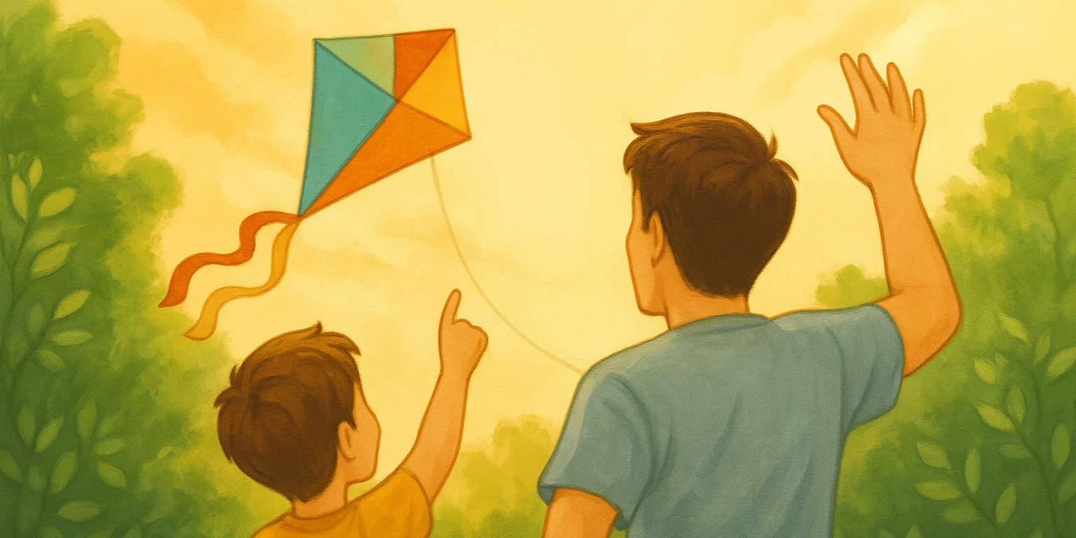 A father and son seen from behind, flying a kite outdoors with arms raised — representing NDIS-funded family freedom and choice.