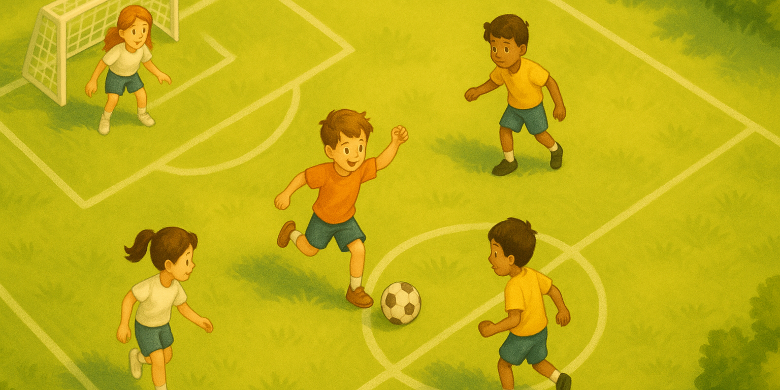 children playing soccer on a school field — highlighting physical education and motor skill development through exercise physiology.
