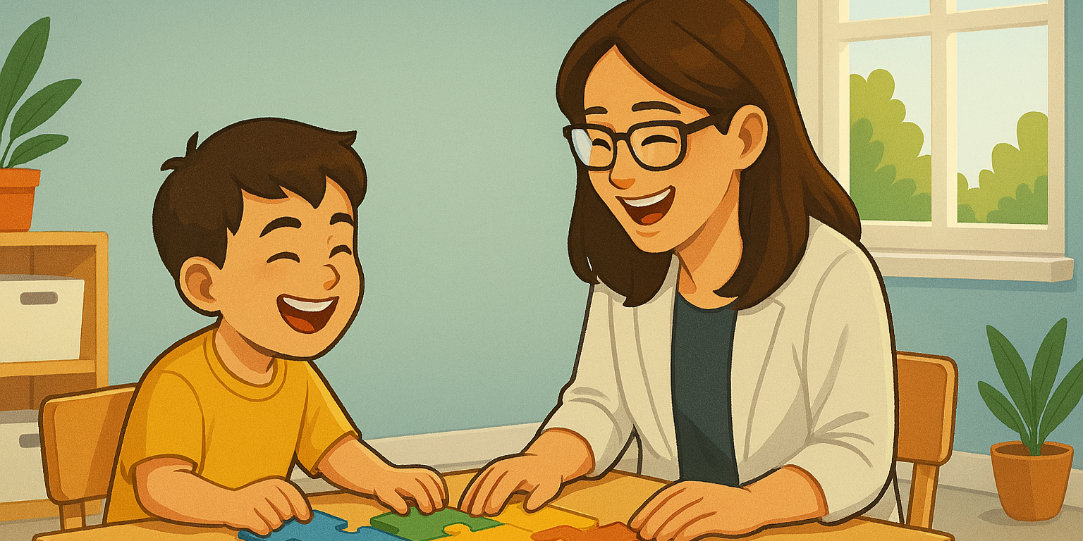 A child and therapist sitting in the middle of a therapy room, laughing while playing with puzzles — representing joyful, NDIS-supported autism behaviour therapy.