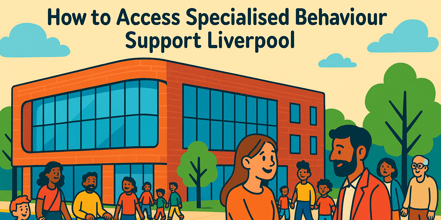 Local Liverpool street with families walking near community services offering behaviour support