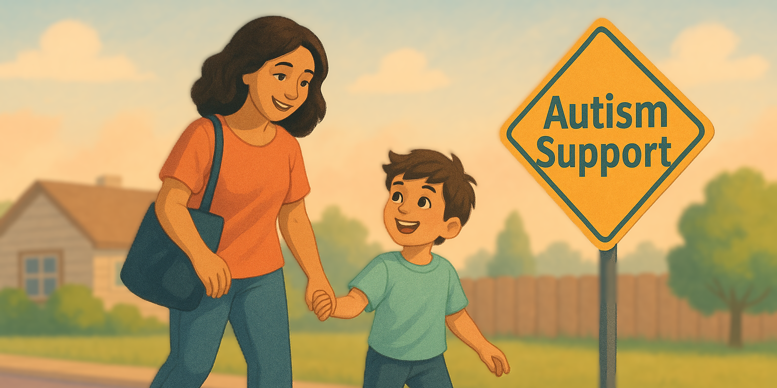 Navigating autism support under the NDIS – mother and child walking past autism support sign.