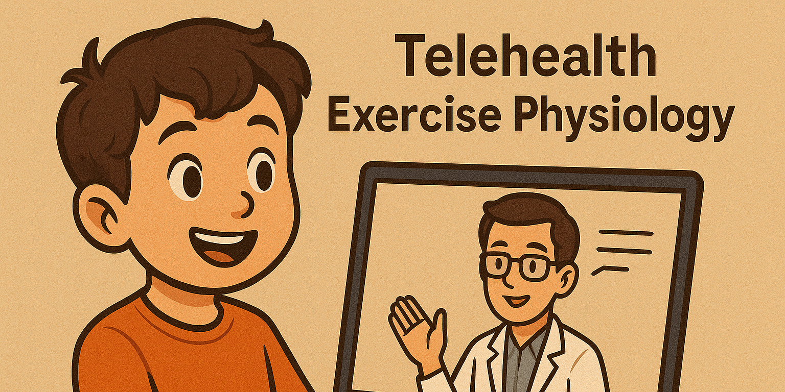 A computer screen showing an exercise physiologist speaking during a live telehealth session, highlighting professional remote support for children’s physical wellbeing.