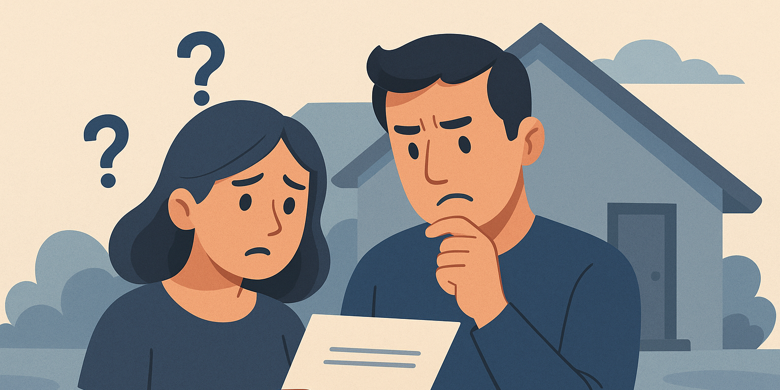 Parents standing outside their home looking confused while holding paperwork related to NDIS billing.