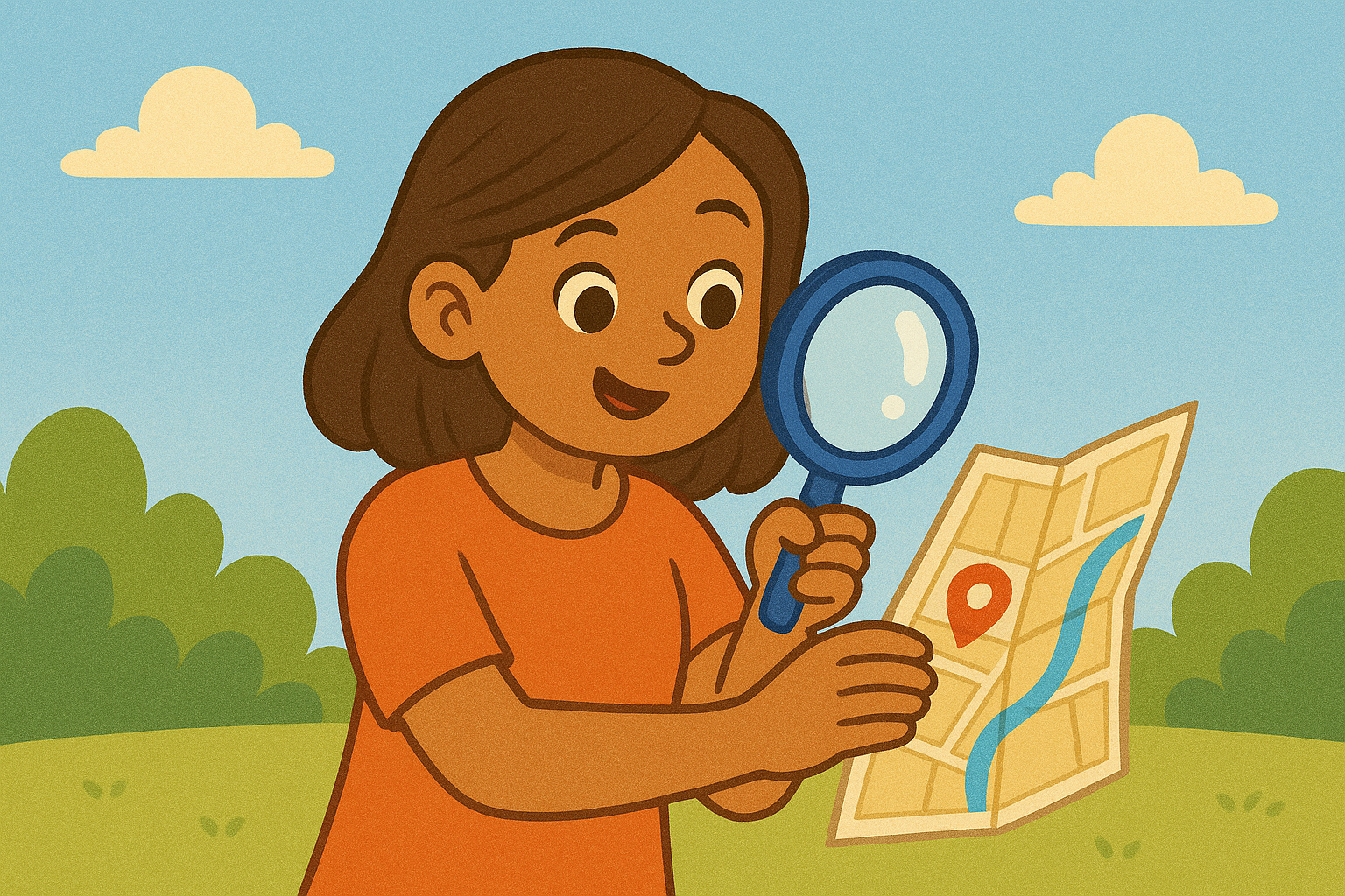 A mother examining a map with a magnifying glass, symbolising the search for local NDIS speech therapy in Liverpool
