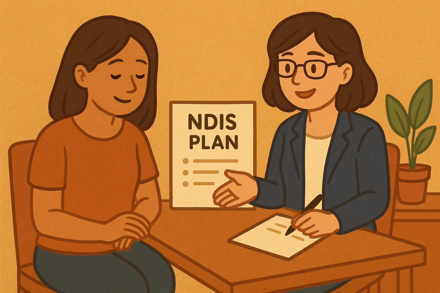 A mother speaking with an NDIS planner at a table during a planning meeting