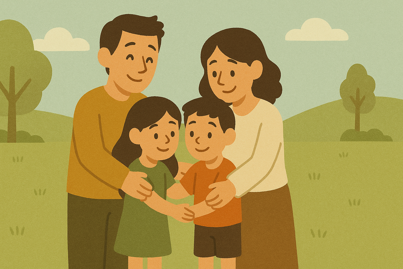 A smiling family hugging in a park, representing emotional connection in Positive Behaviour Support